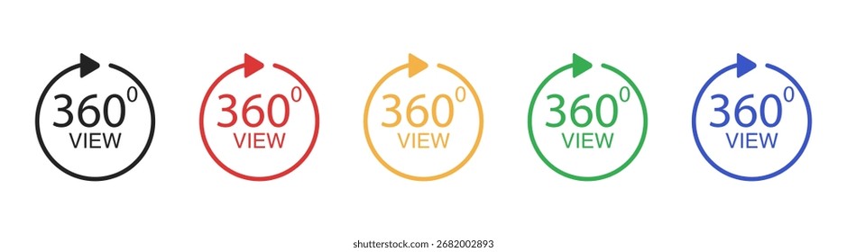 360 degree rotation icon set with arrows, circles, and panoramic vector illustrations. Virtual view, technology concept, and graphic design elements on transparent background.