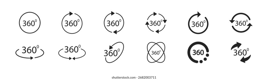 360 degree rotation icon set with arrows, symbols, and graphic elements in flat modern style. Vector illustration on transparent background.