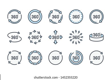 360 degree rotation related color line icon set. Panoramic view vector outline icons.
