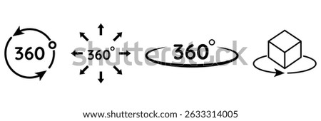 360 degree rotation view icon vector illustration set for user interface virtual tour panorama VR motion spin navigation design.