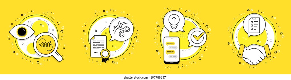 360 degree, Scissors and Swipe up line icons set. Licence, cell phone and deal vector icons. Checklist sign. Virtual reality, Cutting ribbon, Scrolling page. Data list. Science set. Vector