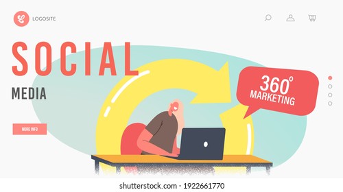 360 Degree Social Media Marketing Landing Page Template. Manager Female Character Work on Laptop with Turning Huge Arrow Attract Clients. Internet Management, Online Sales. Cartoon Vector Illustration