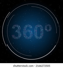 The 360 degree symbol filled with white dots. Pointillism style. Some dots is pink. Vector illustration on blue background with stars