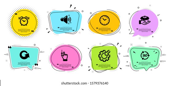 360 degree, Time and Alarm clock line icons set. Chat bubbles with quotes. Hold box, Touchscreen gesture and Reload signs. Seo gear, Loud sound symbols. Virtual reality, Clock. Technology set. Vector