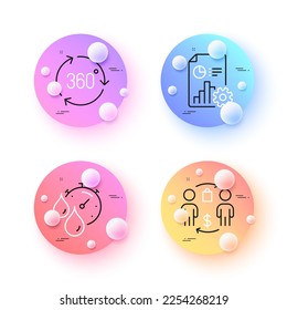 360 degree, Timer and Buying process minimal line icons. 3d spheres or balls buttons. Report icons. For web, application, printing. Virtual reality, Drying time, Supermarket bag. Vector