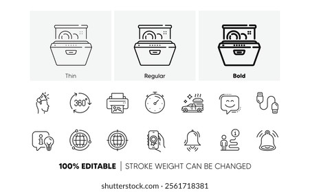 360 degree, Timer and Clock bell line icons. Pack of Seo internet, Smile face, Award app icon. Food delivery, Dishwasher, Print image pictogram. Globe, Lamp, Charging cable. Line icons. Vector