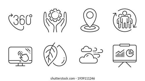 360 degree, Touch screen and Employee hand icons set. Location, Mineral oil and Teamwork signs. Vector