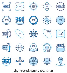 360 Degree vector colored icons collection. Rotation and 360 Angle creative signs or design elements
