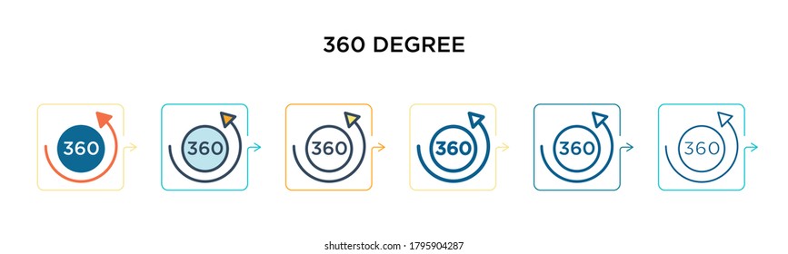 360 degree vector icon in 6 different modern styles. Black, two colored 360 degree icons designed in filled, outline, line and stroke style. Vector illustration can be used for web, mobile, ui