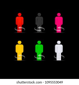 360 Degree Vector Icon. Colorful 3D Human Figures. Transparent Arrows.