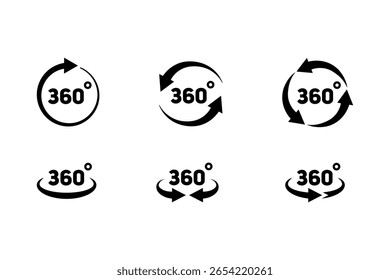 Vista de 360 grados. Tour completo de 360 vistas. Conjunto de Vectores de ícono de rotación de cámara. Rotación redonda completa de los iconos de la cámara.