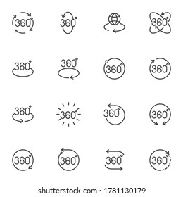 360 degree view line icons set, outline vector symbol collection, linear style pictogram pack. Signs, logo illustration. Set includes icons as 360 Arrows for Virtual Reality