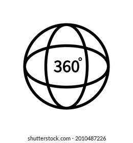 360 degree view. Logo of tour, globe and vision. Line icon for video, panorama of camera and full rotate. Round symbol of degrees coverage of camera. Geometric sign for 3d pictogram. Vector.