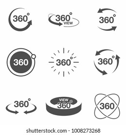 360 degree view related icon set. Signs and arrows for indicate the rotation and panorama, VR technology icons. Vector