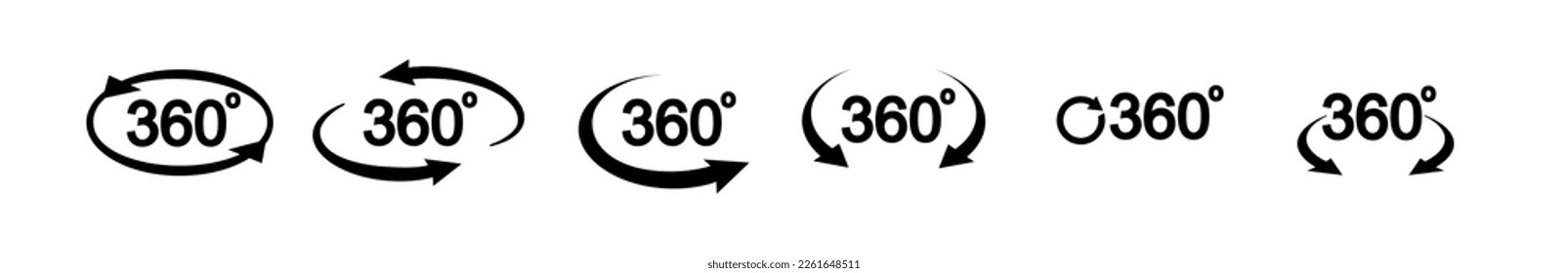 360 degree view related icon set. Signs and arrows for indicate the rotation and panorama. Vector