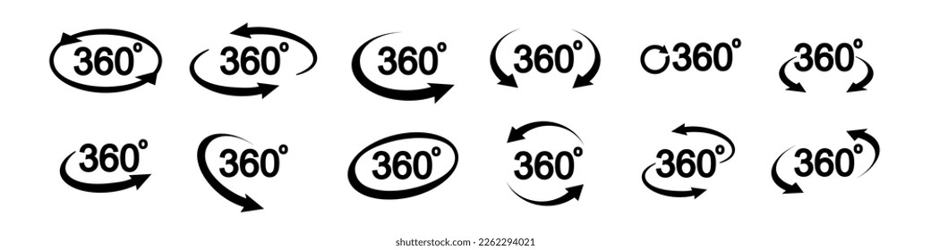 360 degree view related icon set. Signs and arrows for indicate the rotation and panorama. Vector
