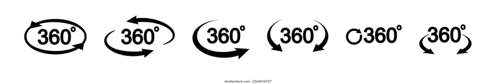 360 degree view related icon set. Signs and arrows for indicate the rotation and panorama. Vector