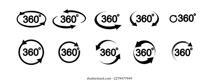 360 degree view related icon set. Signs and arrows for indicate the rotation and panorama. Vector