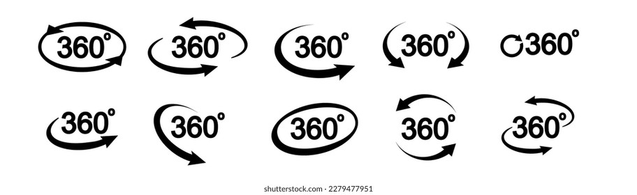 360 degree view related icon set. Signs and arrows for indicate the rotation and panorama. Vector