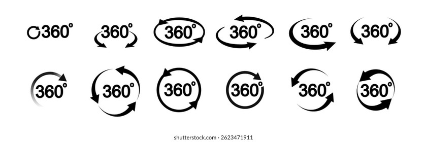 360 degree view related icon set. Signs and arrows for indicate the rotation and panorama. Vector