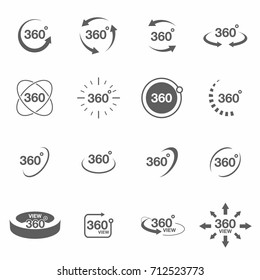 360-Grad-Bildansicht verwandte Symbol-Set. Zeichen und Pfeile für die Rotation und das Panorama. Vektorgrafik