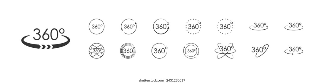 Icono de conjunto de vistas de 360 grados. Vector flechas círculo, logotipo aislado sobre fondo blanco