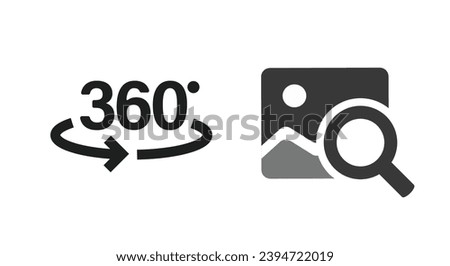360 degree view spin arrow rotate icon vector, photo image enlarge zoom magnifier simple graphic pictogram set illustration, full around angle vision symbol, increase augment magnify pic clipart