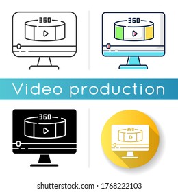 360 degree view video icon. Virtual reality footage streaming. Panoramic scenery shooting. Digital content editing. Linear black and RGB color styles. Isolated vector illustrations
