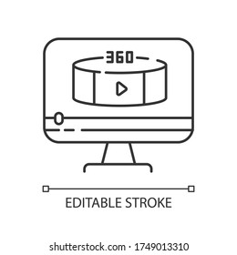 360 degree view video pixel perfect linear icon. Virtual reality footage streaming. Thin line customizable illustration. Contour symbol. Vector isolated outline drawing. Editable stroke