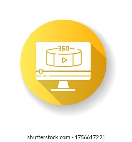360 degree view video yellow flat design long shadow glyph icon. Virtual reality footage streaming. Panoramic scenery shooting. Digital content editing. Silhouette RGB color illustration