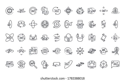 360 Degree View Virtual Tour Image Panorama Linear Style Icons Set Design Vector Illustration