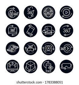 vista de 360 grados imagen tour virtual imagen panorámica estilo lineal iconos conjunto ilustración vectorial