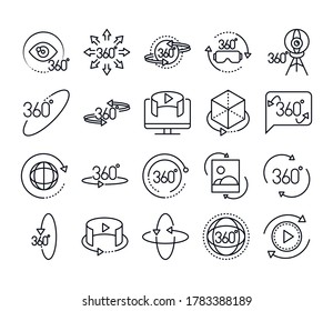 360 degree view virtual tour image panorama linear style icons set design vector illustration
