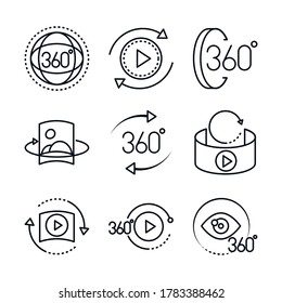 360 degree view virtual tour image panorama linear style icons set design vector illustration