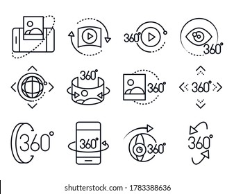 360 degree view virtual tour image panorama linear style icons set design vector illustration - Shutterstock ID 1783388636