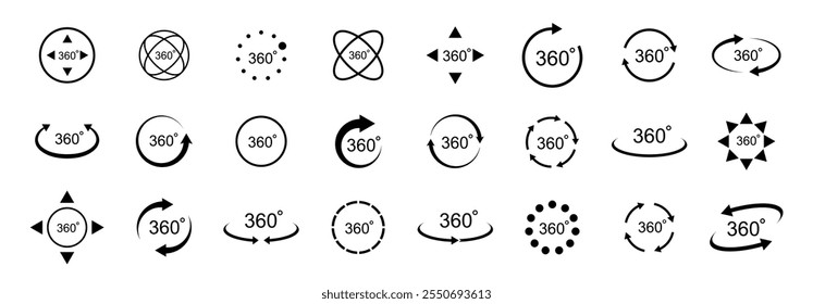 Visualizações de 360 graus. Definição de ícones de círculo. Girar símbolo. Sinais com setas para indicar a rotação ou panoramas a 360 graus. Ilustração vetorial.