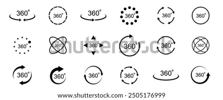 360 degree views. Circle icons set. Rotate symbol. Signs with arrows to indicate the rotation or panoramas to 360 degrees. Vector illustration.