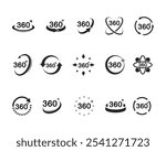 360 degree views icon set. Signs with arrows to indicate the rotation or panoramas to 360 degrees. Isolated on white background