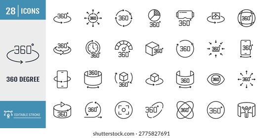 360 degree views icon set. Icons Includes indicate the rotation or panoramas to 360 degrees. Outline icon set. Vector illustration with editable stroke