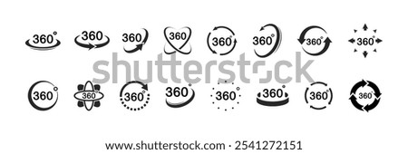 360 degree views icon set. Signs with arrows to indicate the rotation or panoramas to 360 degrees. Isolated on white background