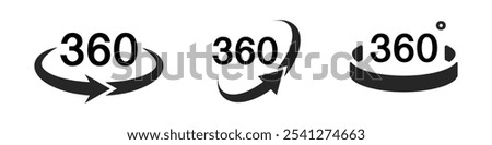 360 degree views icon set. Signs with arrows to indicate the rotation or panoramas to 360 degrees. Isolated on white background