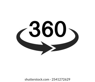 360 degree views icon. Signs with arrows to indicate the rotation or panoramas to 360 degrees. Isolated on white background