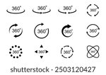 360 degree views. Signs with arrows to indicate the rotation or panoramas to 360 degrees. Vector illustration.