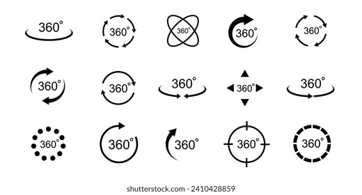 360 degree views. Signs with arrows to indicate the rotation or panoramas to 360 degrees. Vector illustration.