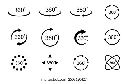 360 degree views. Signs with arrows to indicate the rotation or panoramas to 360 degrees. Vector illustration.