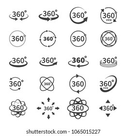 360 degree views of vector circle icons isolated from the background. Signs with arrows to indicate the rotation or panoramas to 360 degrees. Vector illustration isolated on white background