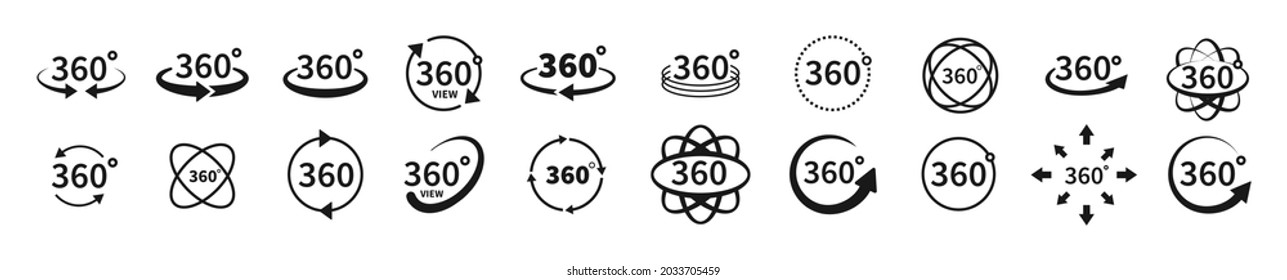 360 degree views of vector circle icons set isolated from the background. Signs with arrows to indicate the rotation or panoramas to 360 degrees. Vector illustration.