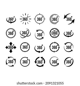 360 degree views of vector circle icons set isolated from the background. Signs with arrows to indicate the rotation or panoramas