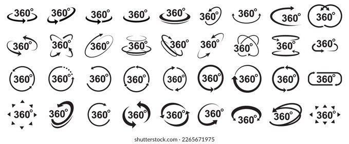 360 degree views of vector circle icons set isolated from the background. Signs with arrows to indicate the rotation or panoramas to 360 degrees. Vector illustration 10 eps.