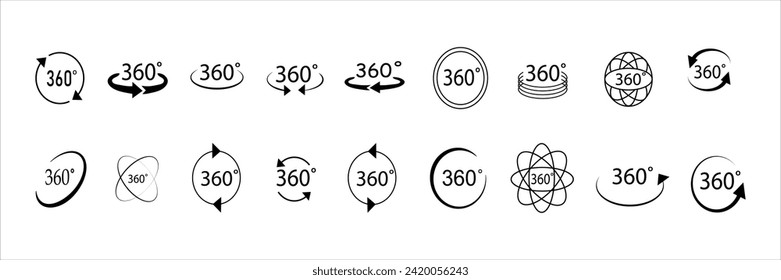 Vistas de 360 grados de iconos de círculo vectorial aislados del fondo. Señales con flechas para indicar la rotación o panoramas a 360 grados. Ilustración vectorial.